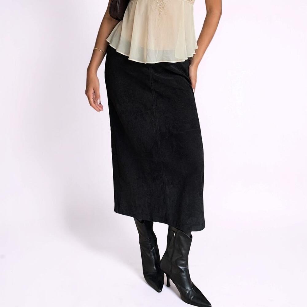Vintage Casual Corner Annex Black Faux Suede Midi Skirt Size Small